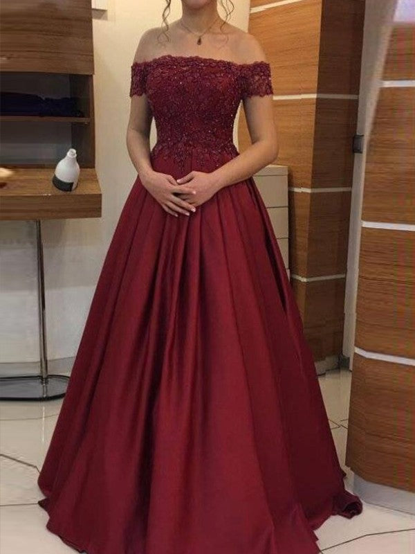 Wholesale Ball Gown Off-the-Shoulder Sleeveless Floor-Length Applique Satin Dresses
